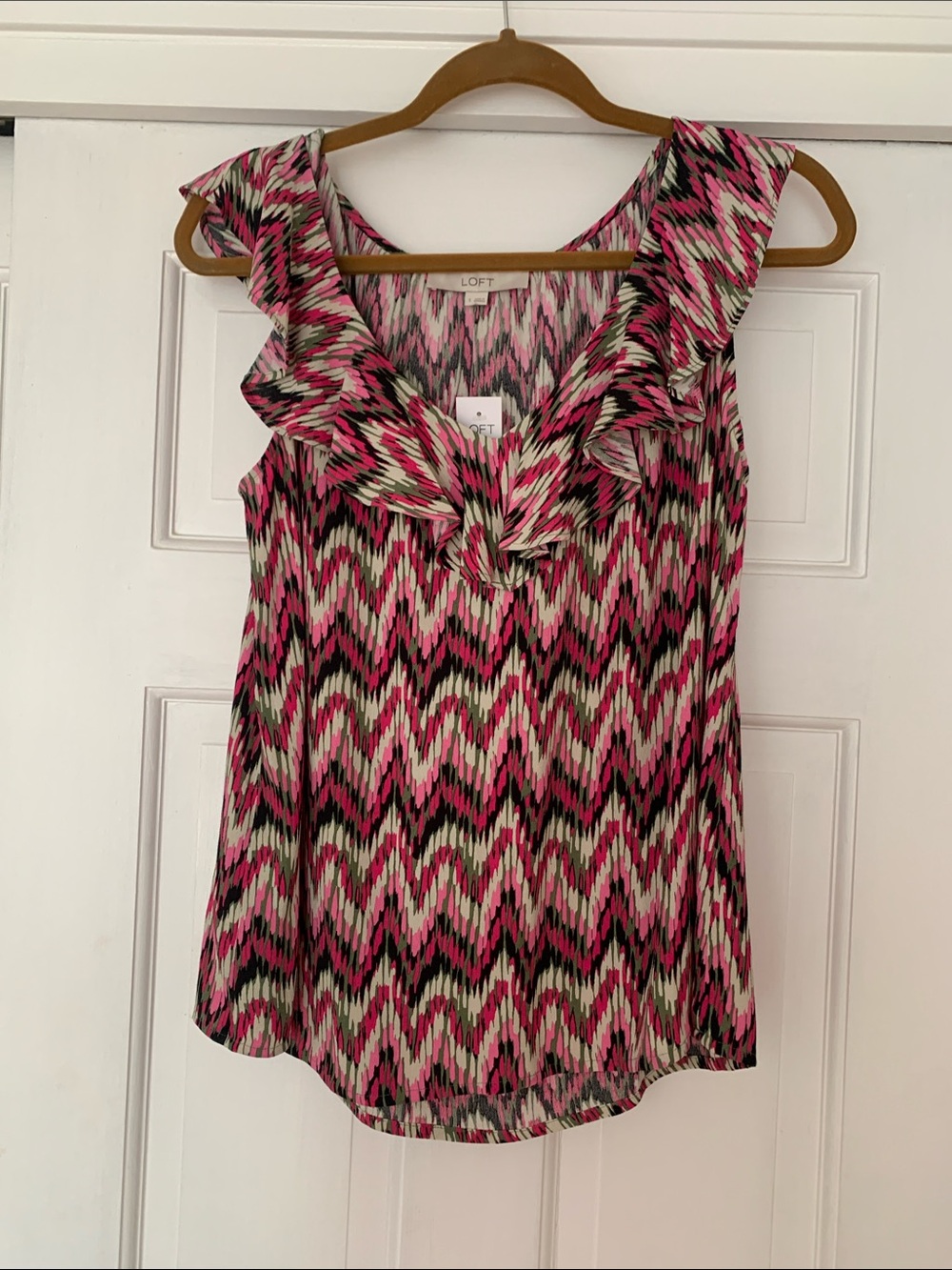 LOFT Pink Black Cream Ruffle V-Neck Sleeveless Tank